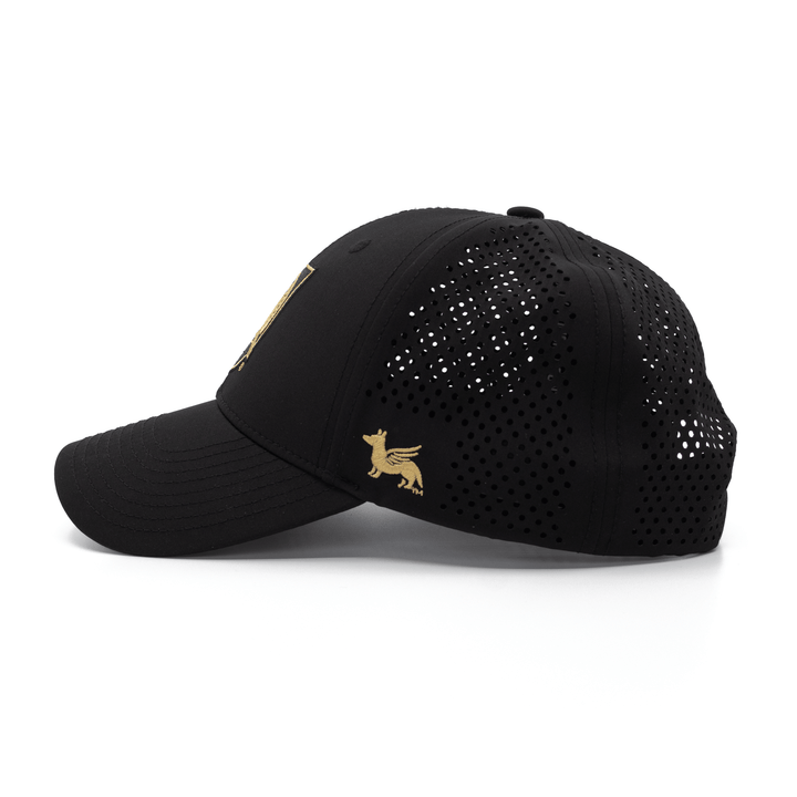 Left side view of the black performance hat featuring the West Point shield logo embroidered on the front and the Nudge Printing logo embroidered on the side. 