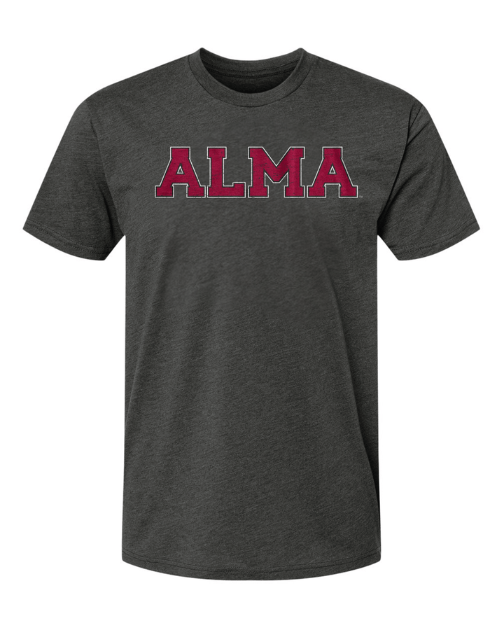 Alma College Block Lettering Short Sleeve Charcoal T-Shirt mock up