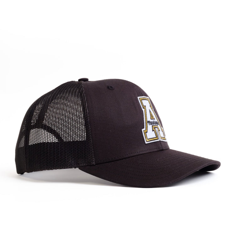 Angled view of black App State Hat with Block A