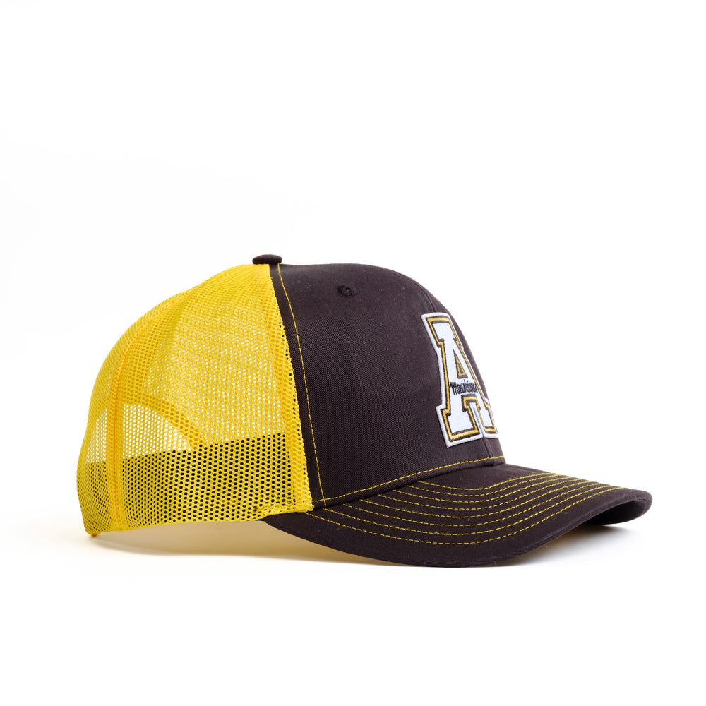 Angled view of App State A Trucker Hat in Black and Yellow