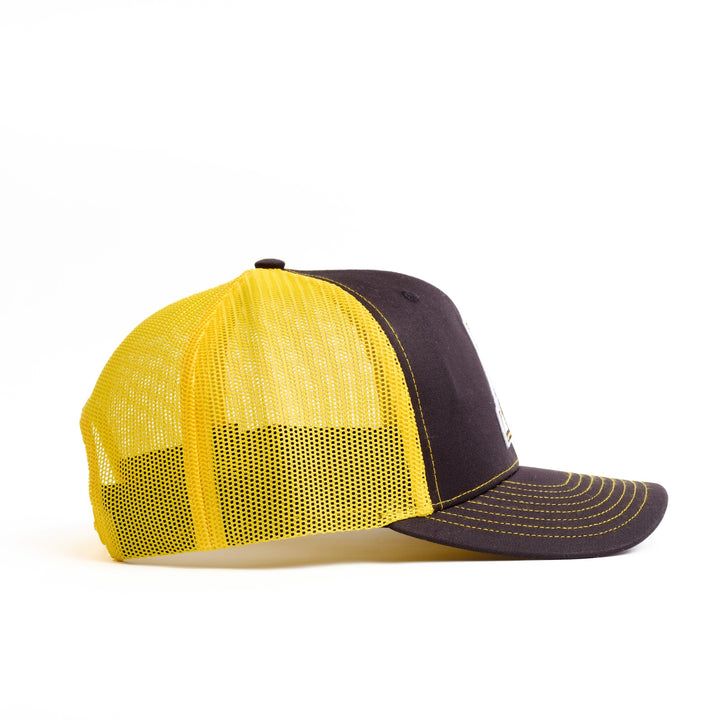 Right side view of black and yellow App State Trucker Hat