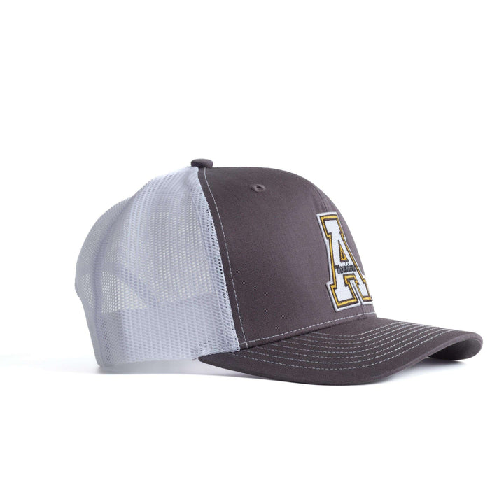 App State Trucker Hat Grey and Charcoal Angled 