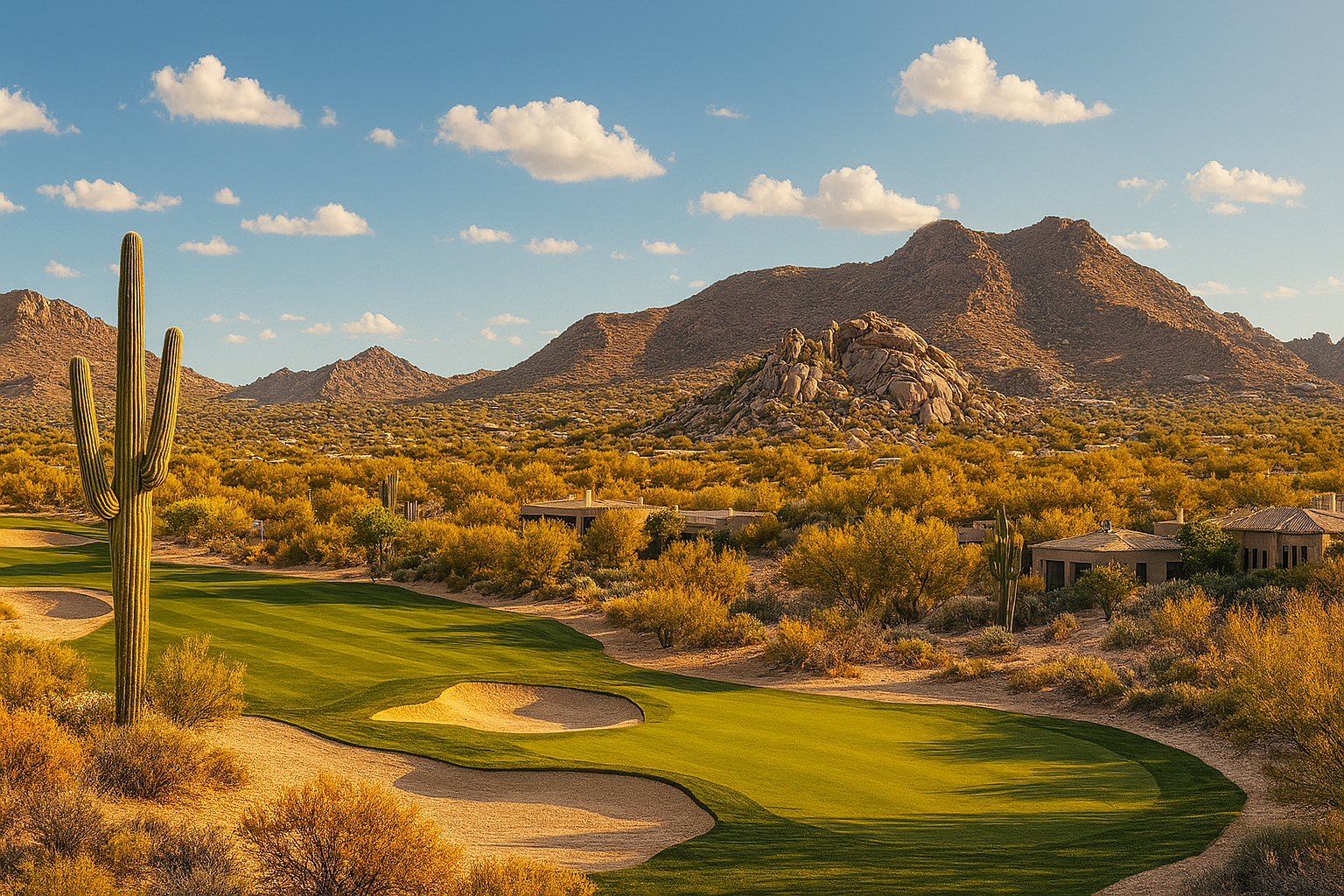 Golf course with desert landscape and cacti under a blue sky.