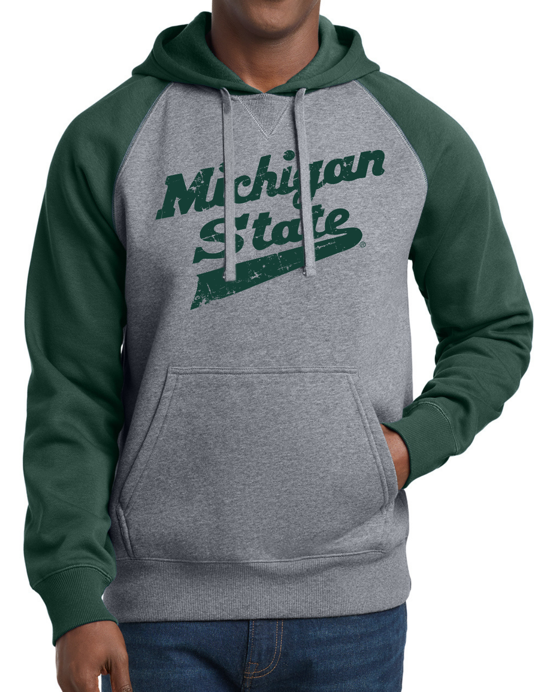 MSU Hockey Script Green and Grey Raglan Hoodie