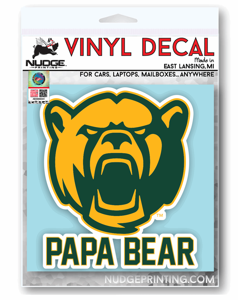 Green and Gold Baylor Bears Papa Bear Bear Head logo decal in packaging