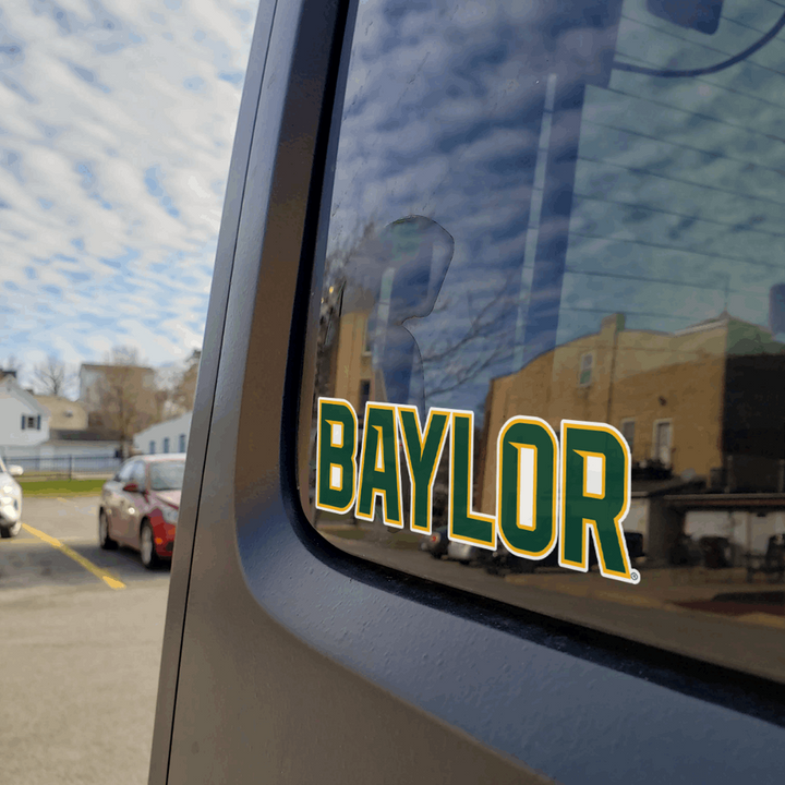 Baylor University Block Text Green and Gold Heavy Duty Decal on Back of Car