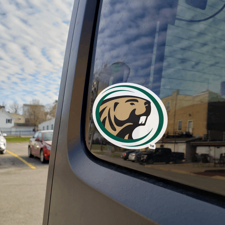 Green, Brown, White, and Black Bemidji State University Bucky the Beaver Decal on Back of Car