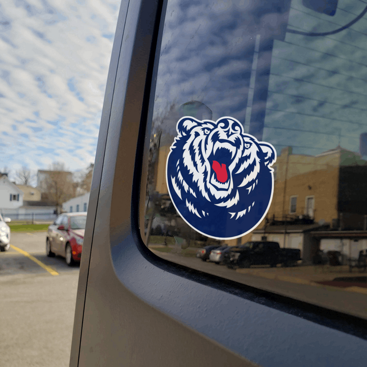 Belmont Bruins Bear Head Logo Sticker on Back of Car