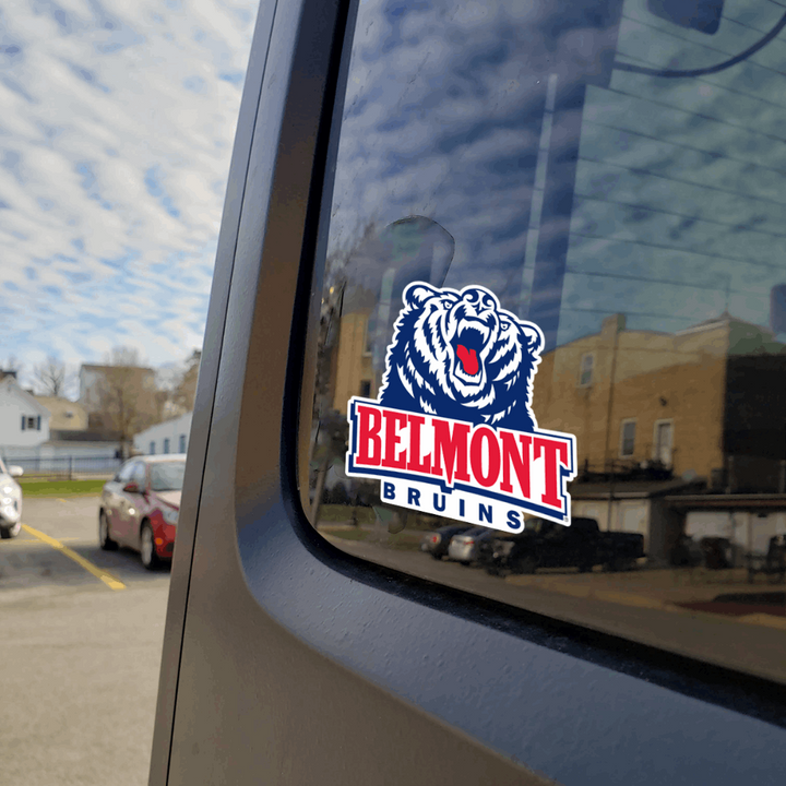 Belmont Bruins Blue, Red, and White Decal on Car
