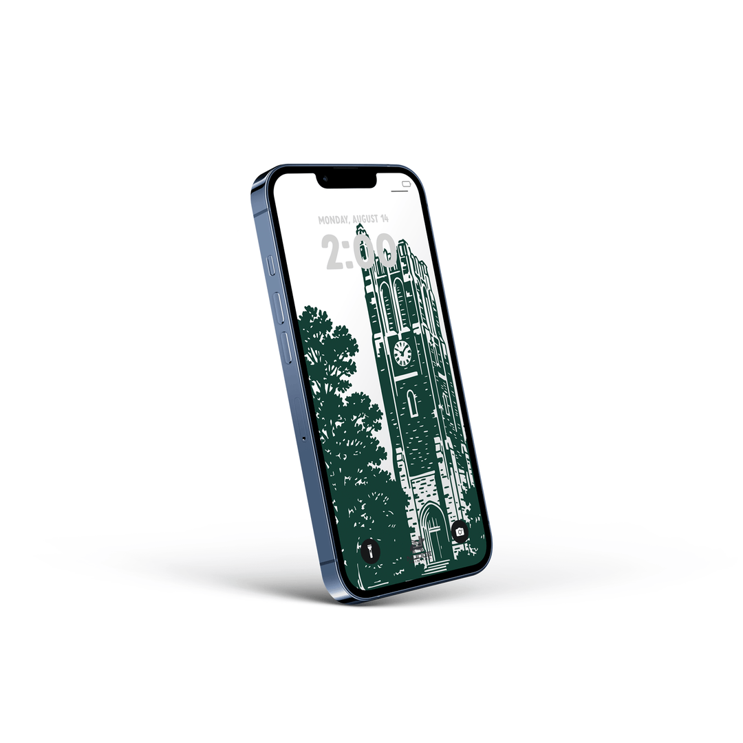 Smartphone showing a Michigan State University wallpaper of Beaumont Tower.