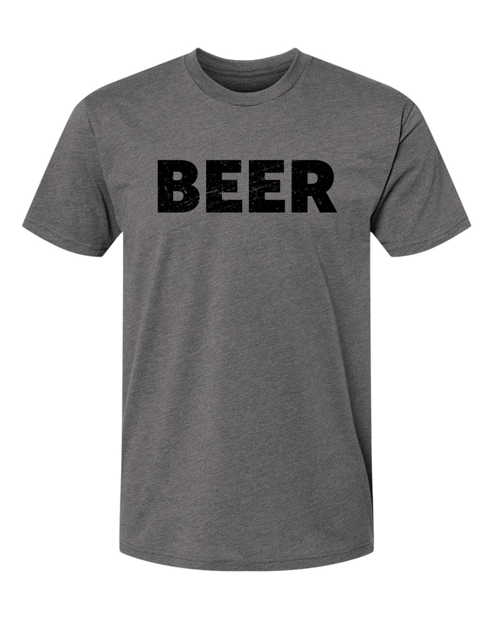 Dark grey t-shirt with black "BEER" in black ink printed on the chest.
