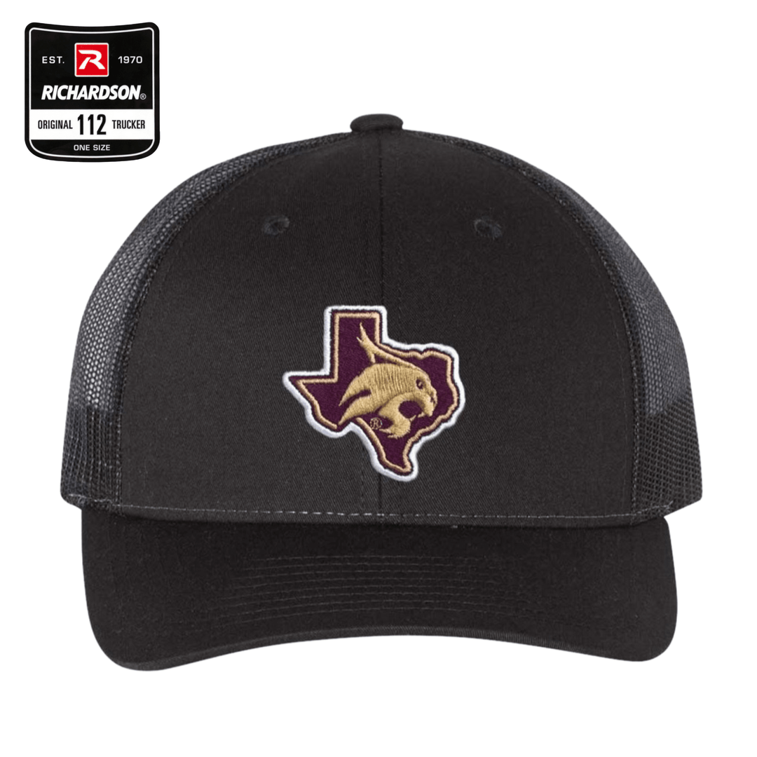 Frontside of black Texas State Richardson hat.