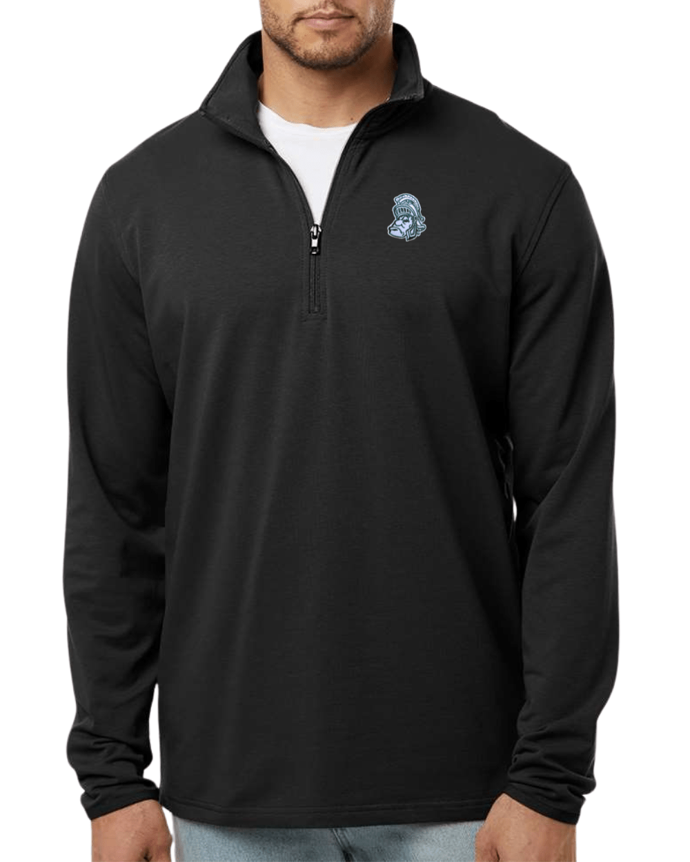 Black Michigan State Gruff Sparty Quarter-zip Pullover on male model on white background