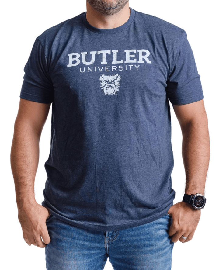 Butler University Wordmark over Bulldog T-shirt (White on Navy) on male model