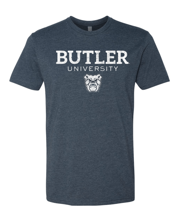 Butler University Wordmark over Bulldog T-shirt (White on Navy) mock up
