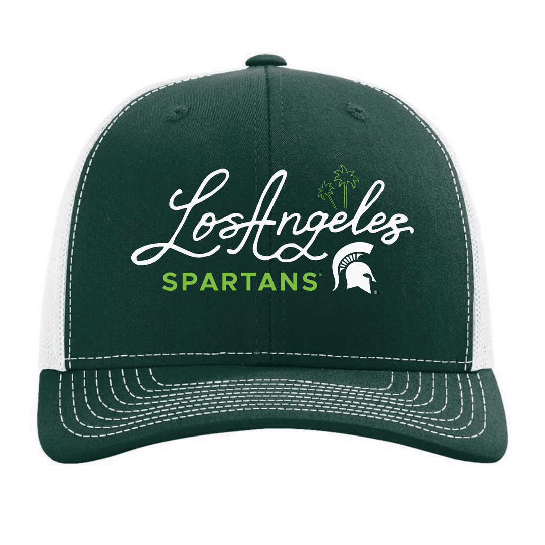 Front view of Michigan State script hat with Los Angeles Spartans design across the front.