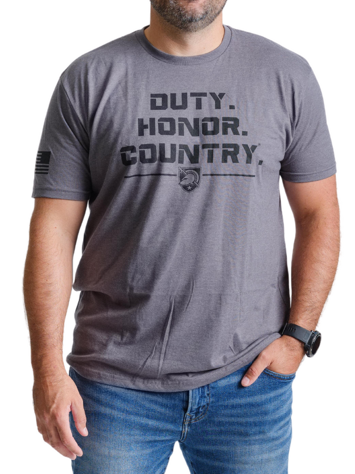 West Point Duty Honor Country in Black Text on Grey Shirt with Flag on Sleeve