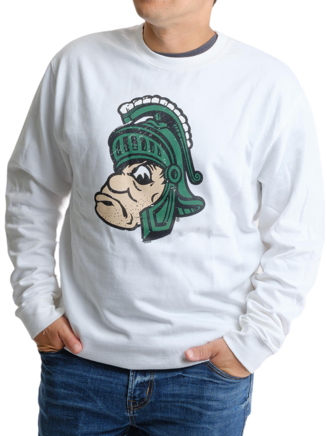 White Michigan State Sweatshirt on male model