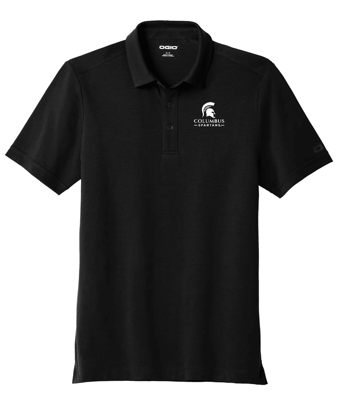 Black polo shirt with a logo on the chest against a white background