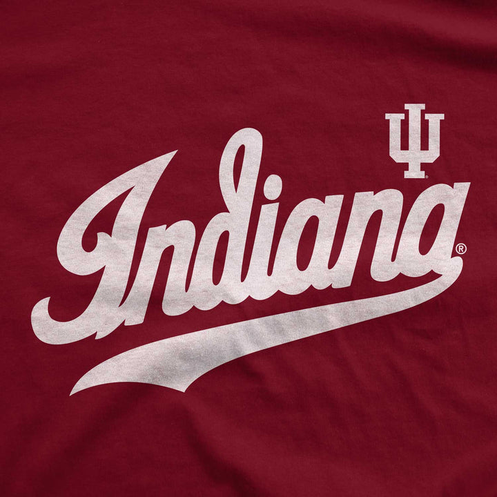 Close up up Indiana script logo on IU Hoodie from Nudge Printing
