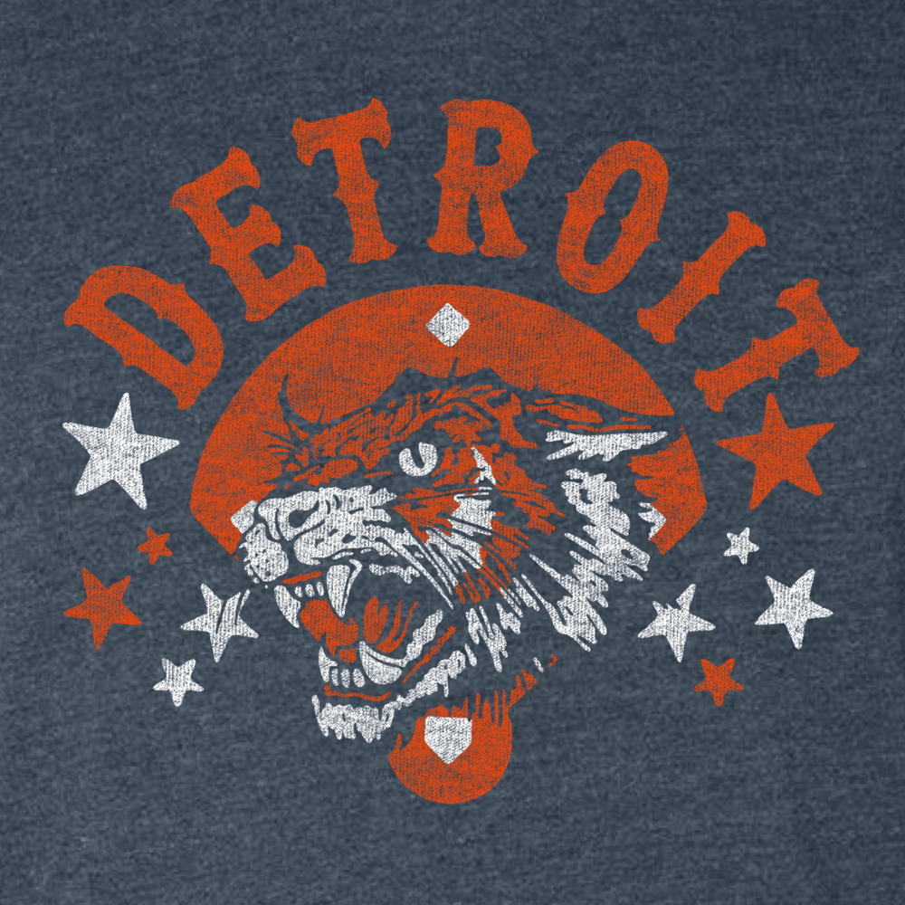Close-up of Detroit baseball t-shirt design featuring vintage-style roaring tiger with orange and white stars with a baseball diamond on heather navy fabric – retro Detroit sports apparel
