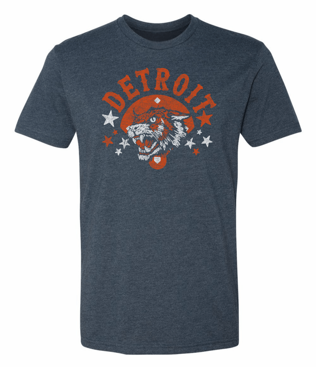 Heather navy Detroit t-shirt featuring vintage-style roaring tiger graphic with orange and white stars and diamond retro Detroit baseball-inspired apparel