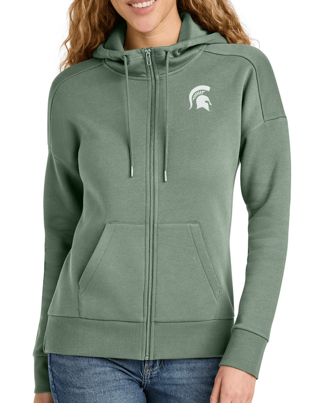Michigan State Women's Laurel Green Full-zip Sweatshirt with MSU logo patch on left chest on female model wearing blue jeans with white background Front view