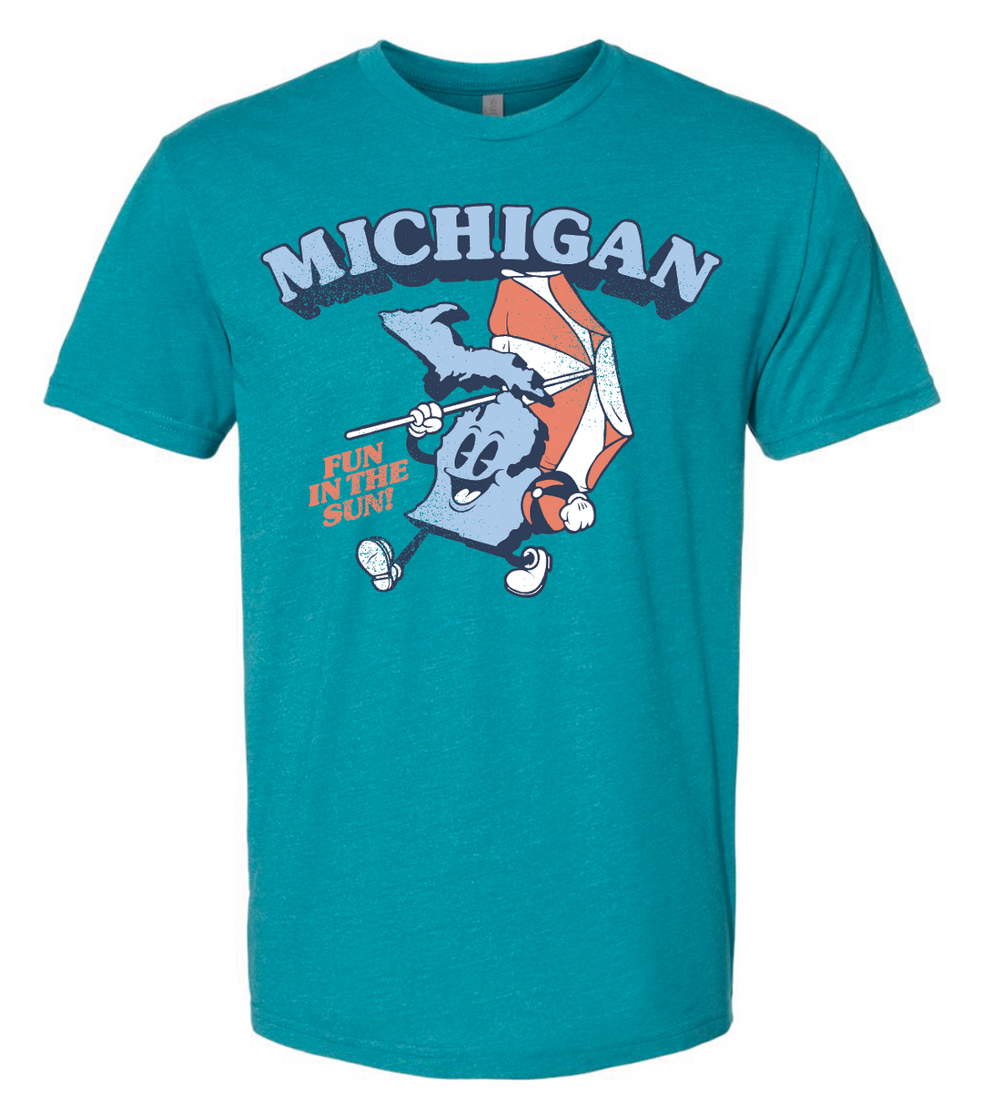 Teal t-shirt with cartoon character and 'Michigan Fun in the Sun' text on a white background