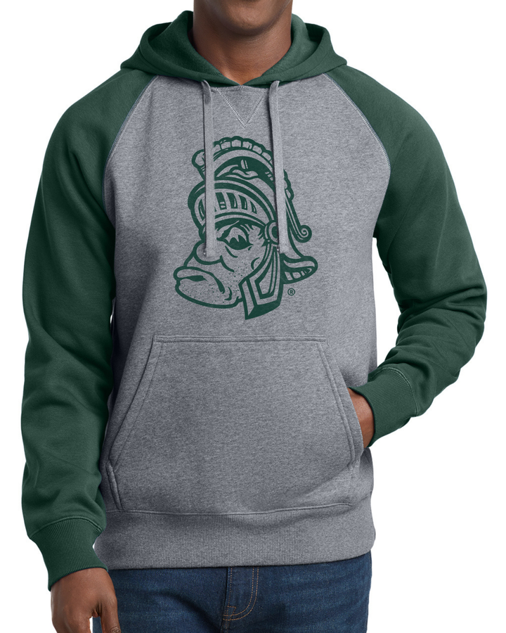 MSU Gruff Sparty Green and Grey Raglan Hoodie