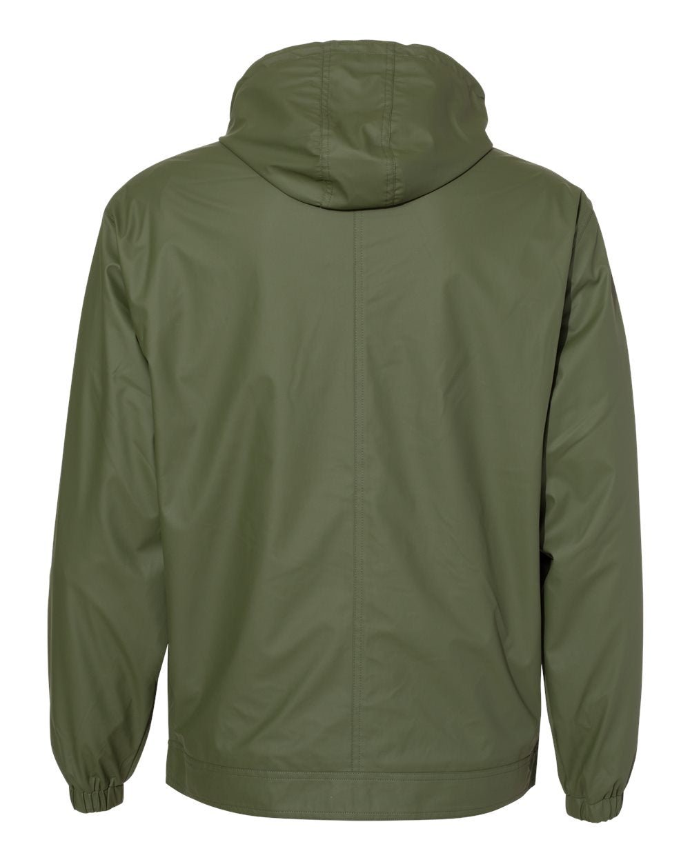 Backside of olive green Michigan State heavy hooded raincoat.