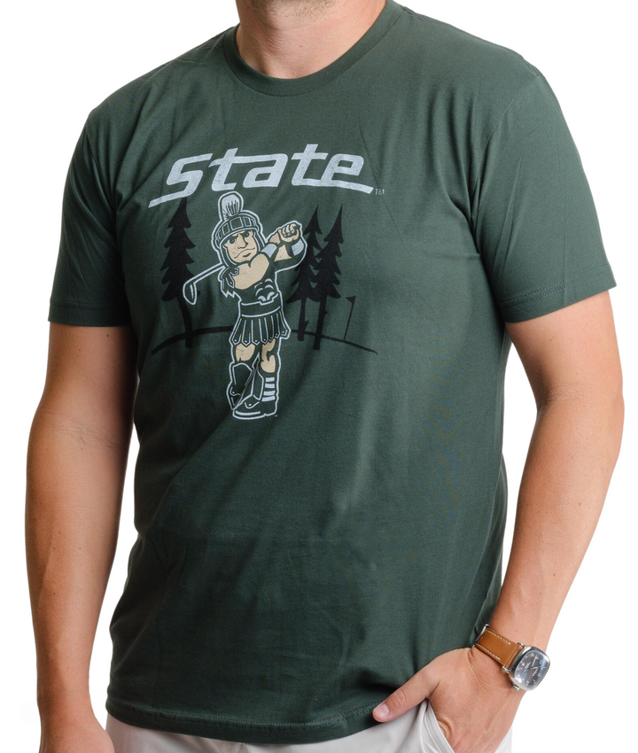 Green Michigan State Golfing Sparty Mascot T Shirt from Nudge Printing