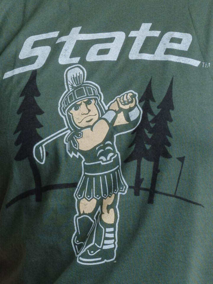 Close up of Michigan State Golfing Sparty Green T-Shirt from Nudge Printing