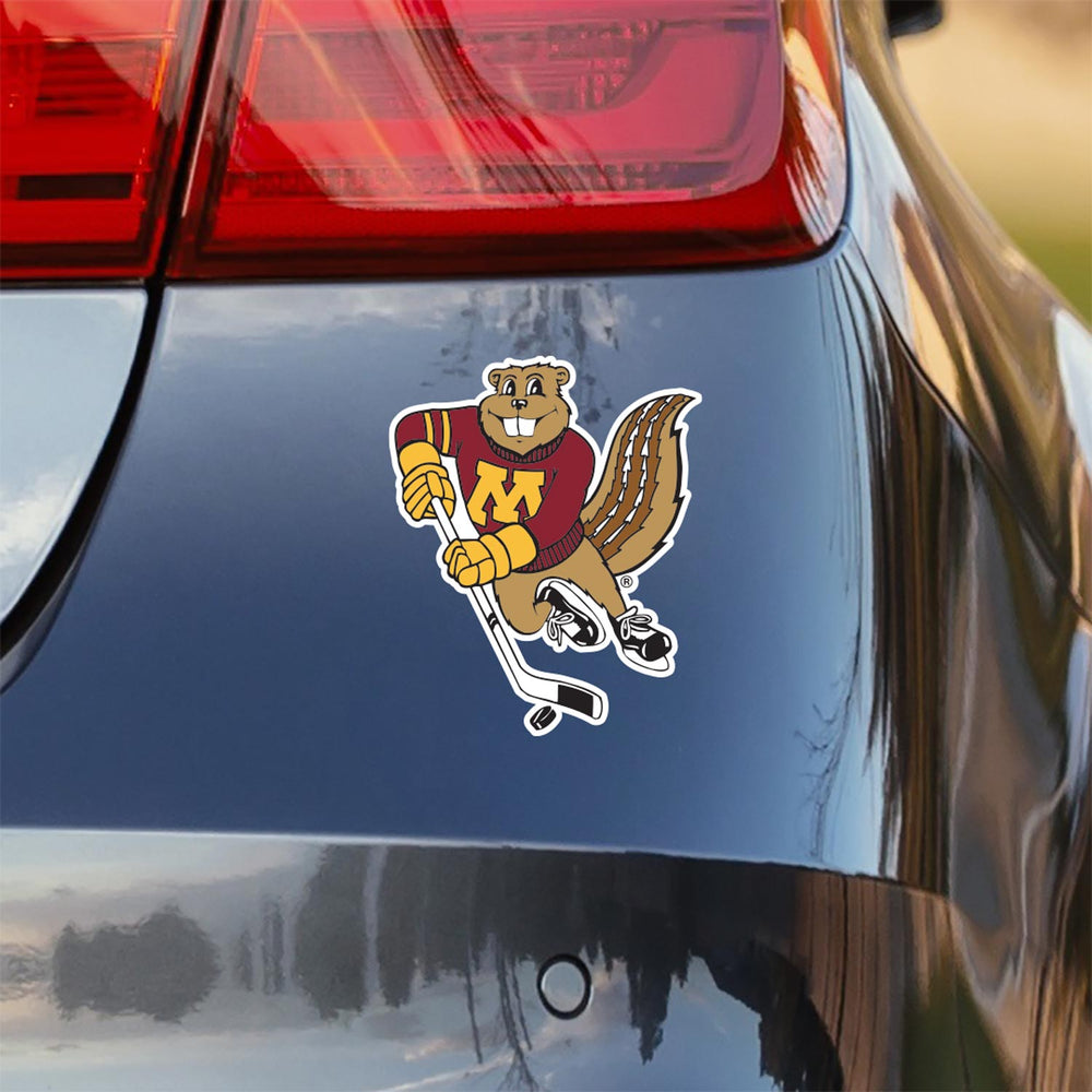 UMN Gopher Playing Hockey Decal Sticker on Car