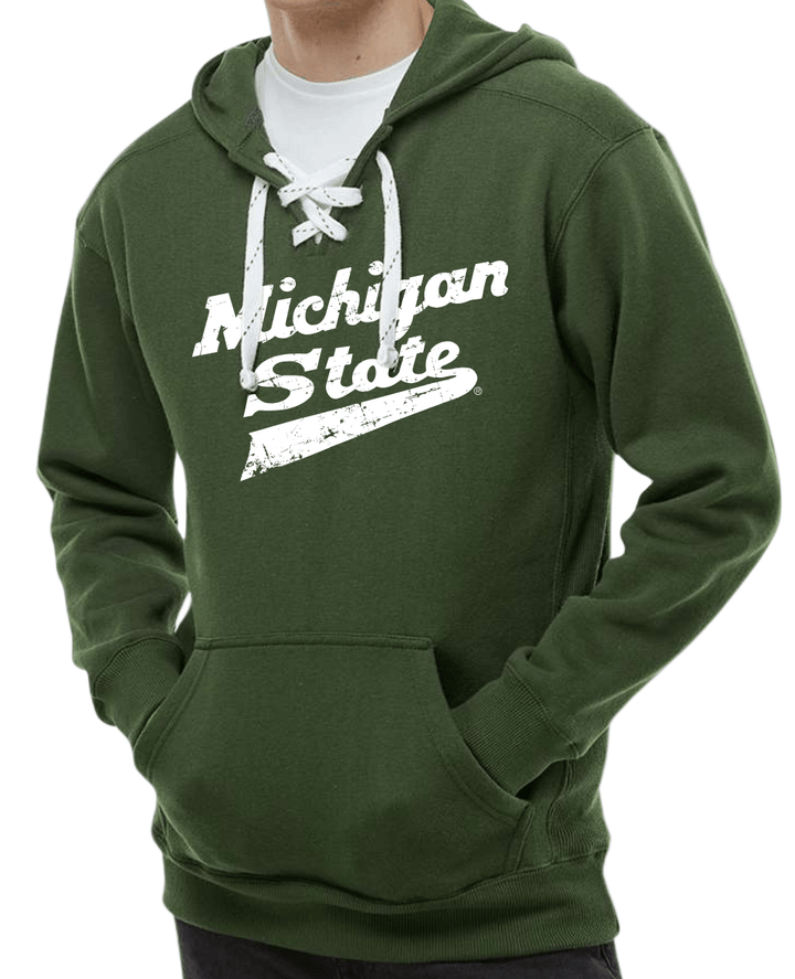 Michigan State Sweatshirt with Laces on male model on white background