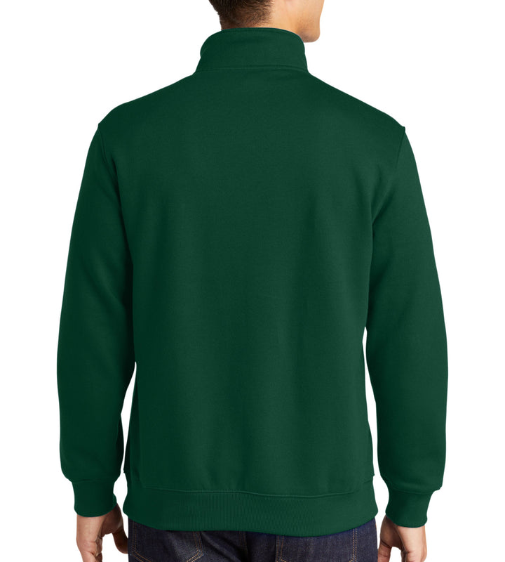 Male model wearing a forest green quarter zip pullover from Nudge Printing with White Background