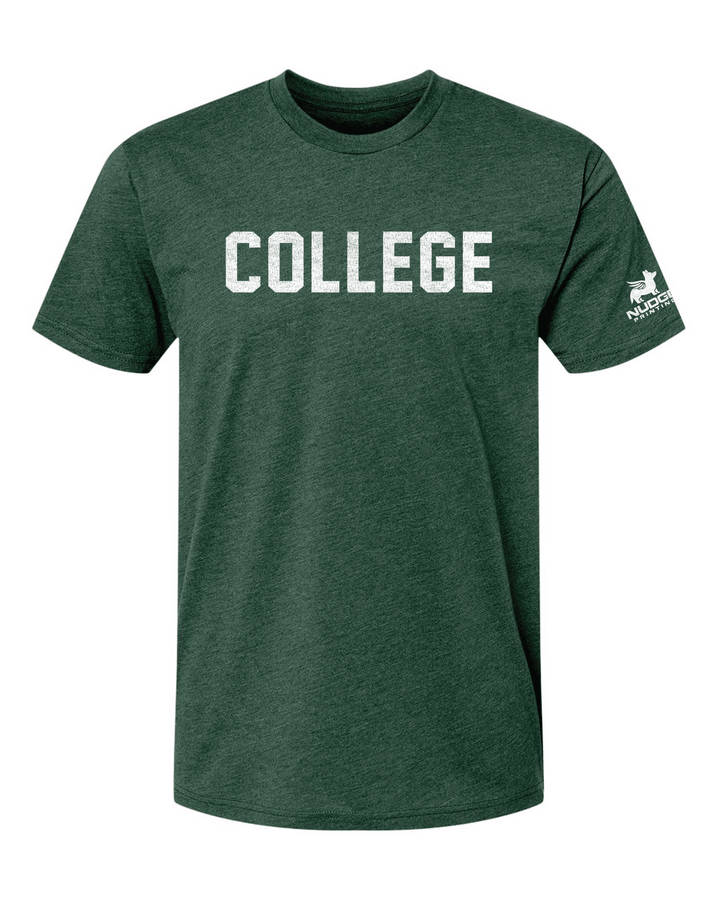 Green tee shirt with College printed on the chest in white. Super soft cotton polyester blend material designed for comfort. 