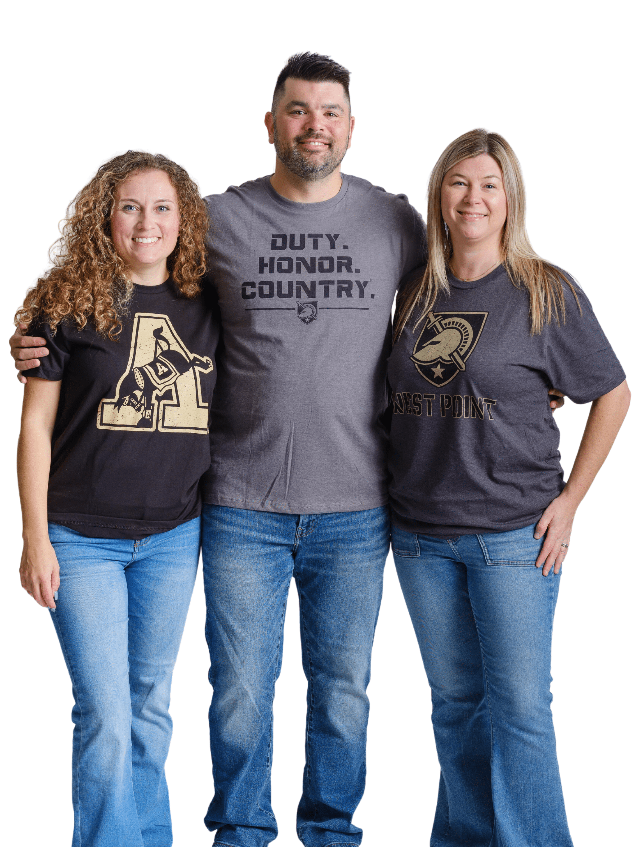West Point Duty Honor Country in Black Text on Grey Shirt with Flag on Sleeve