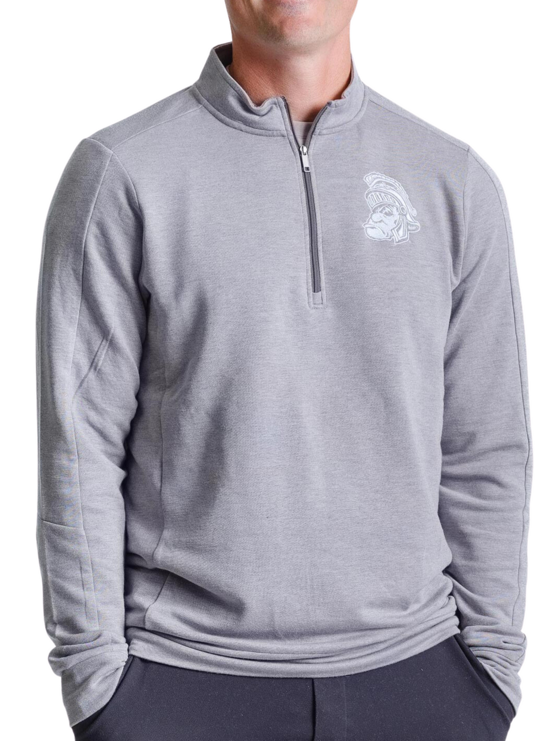Michigan State University Embroidered Gruff Sparty Grey OGIO Quarter Zip Pullover Sweater