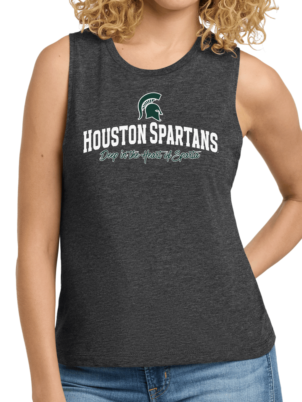 Michigan State Houston Spartans Charcoal color tank top on female model with white background showing front of shirt