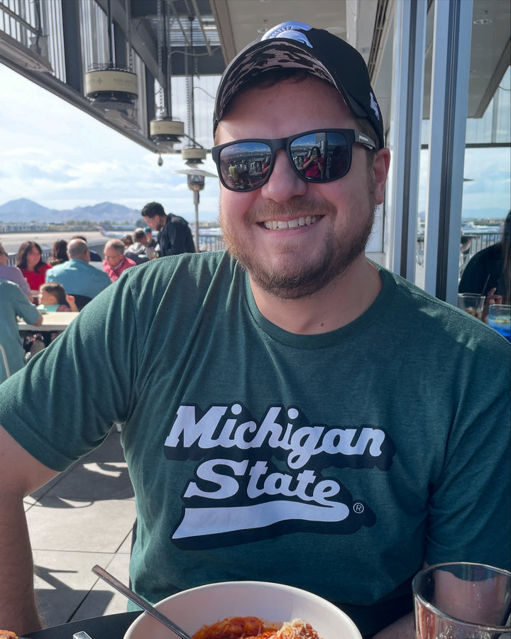 Michigan State Hockey Script 3D Logo in Forest Green T Shirt