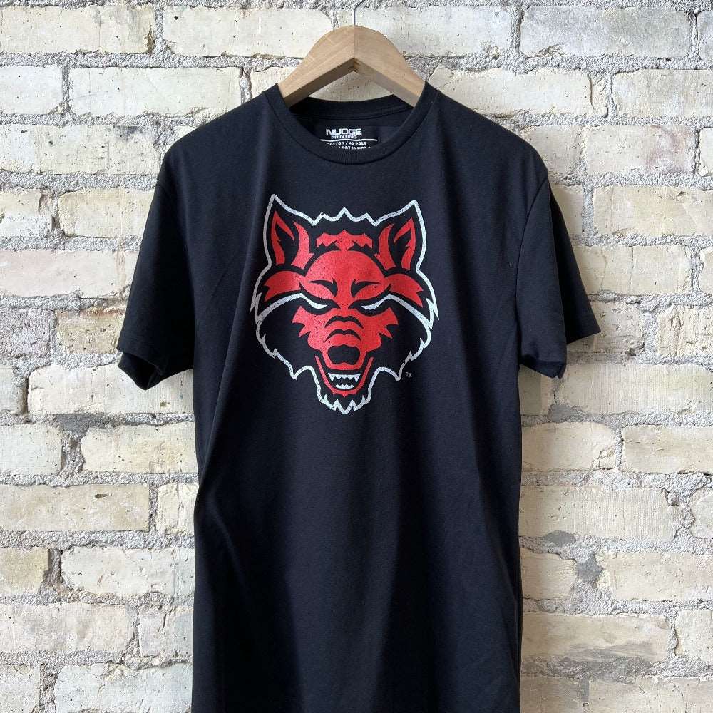 Arkansas State University Red Wolves Howl Mascot Black Shirt Nudge Printing