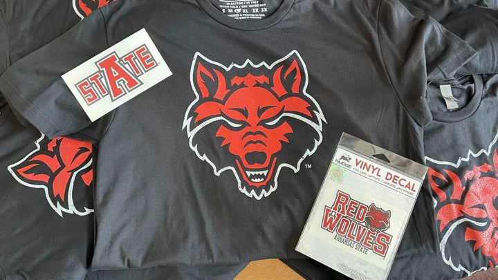 Arkansas State University Red Wolves Howl Mascot Black With Arkansas State Decals Shirt Nudge Printing