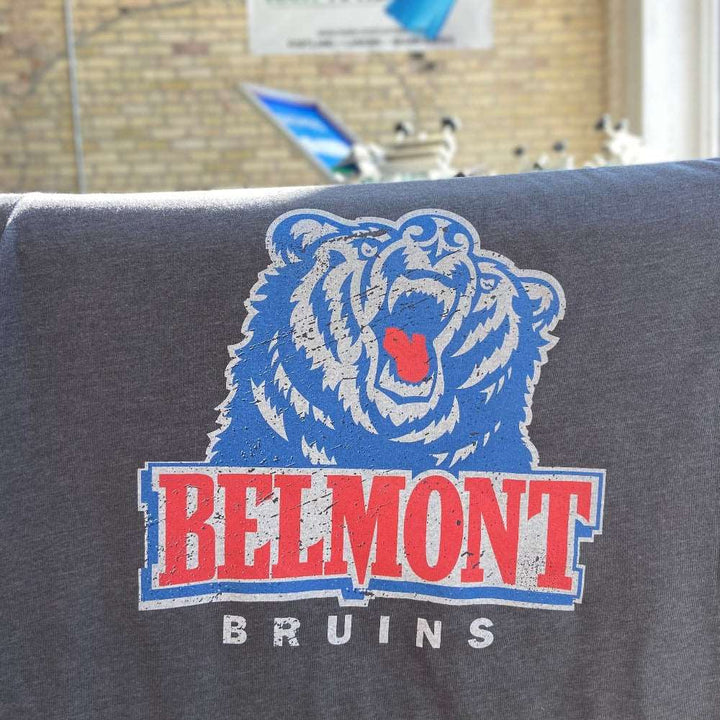 Red, Blue, and White Belmont Logo with Bear Head on Grey T-shirt