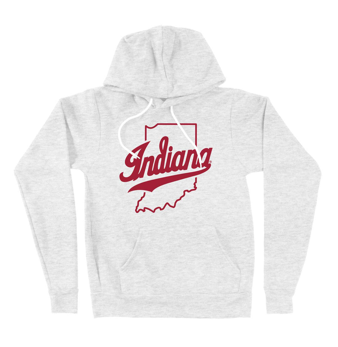 Ash colored IU Hoodie with Indiana Script logo on the chest