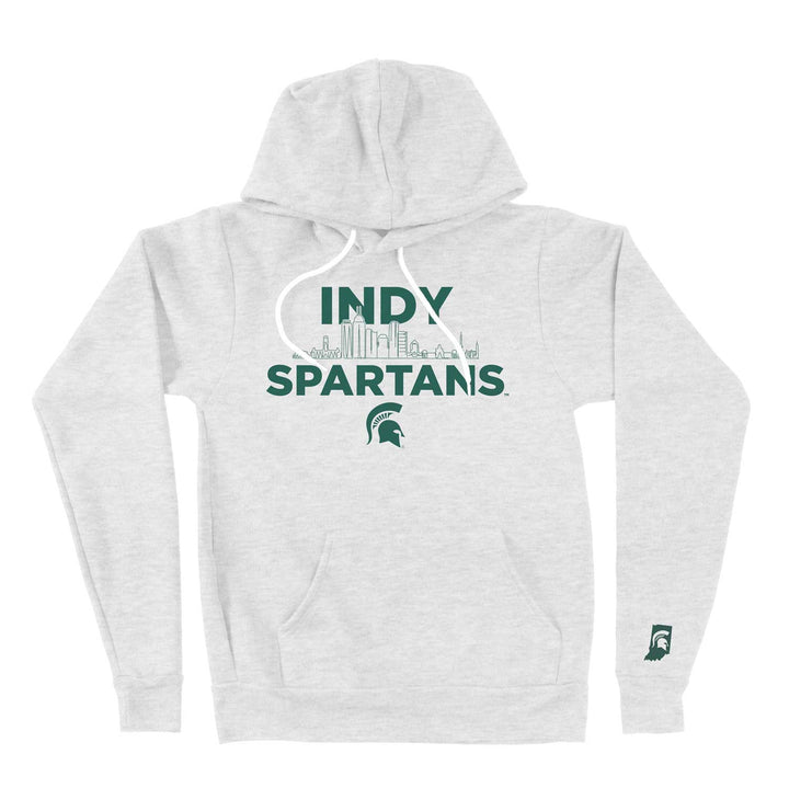 Front view of ash white Indy Spartans hoodie with white drawstrings and logo printed across chest