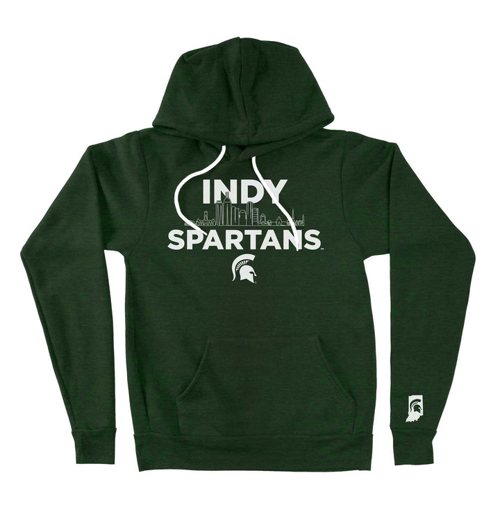 Front view of forest green Indy Spartans hoodie with white drawstrings and logo across chest.