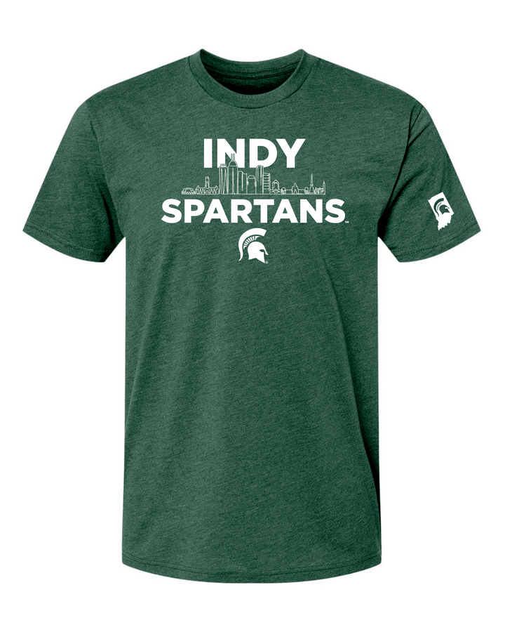 Front view of green Indy Spartans shirt with logo printed on chest