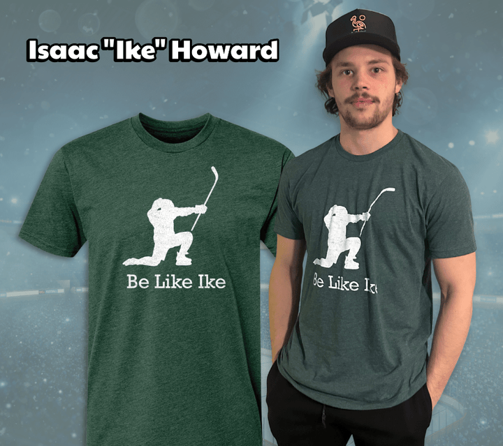 Isaac Ike Howard Hobey Baker Award winner wearing Be Like Ike Hockey Shirt