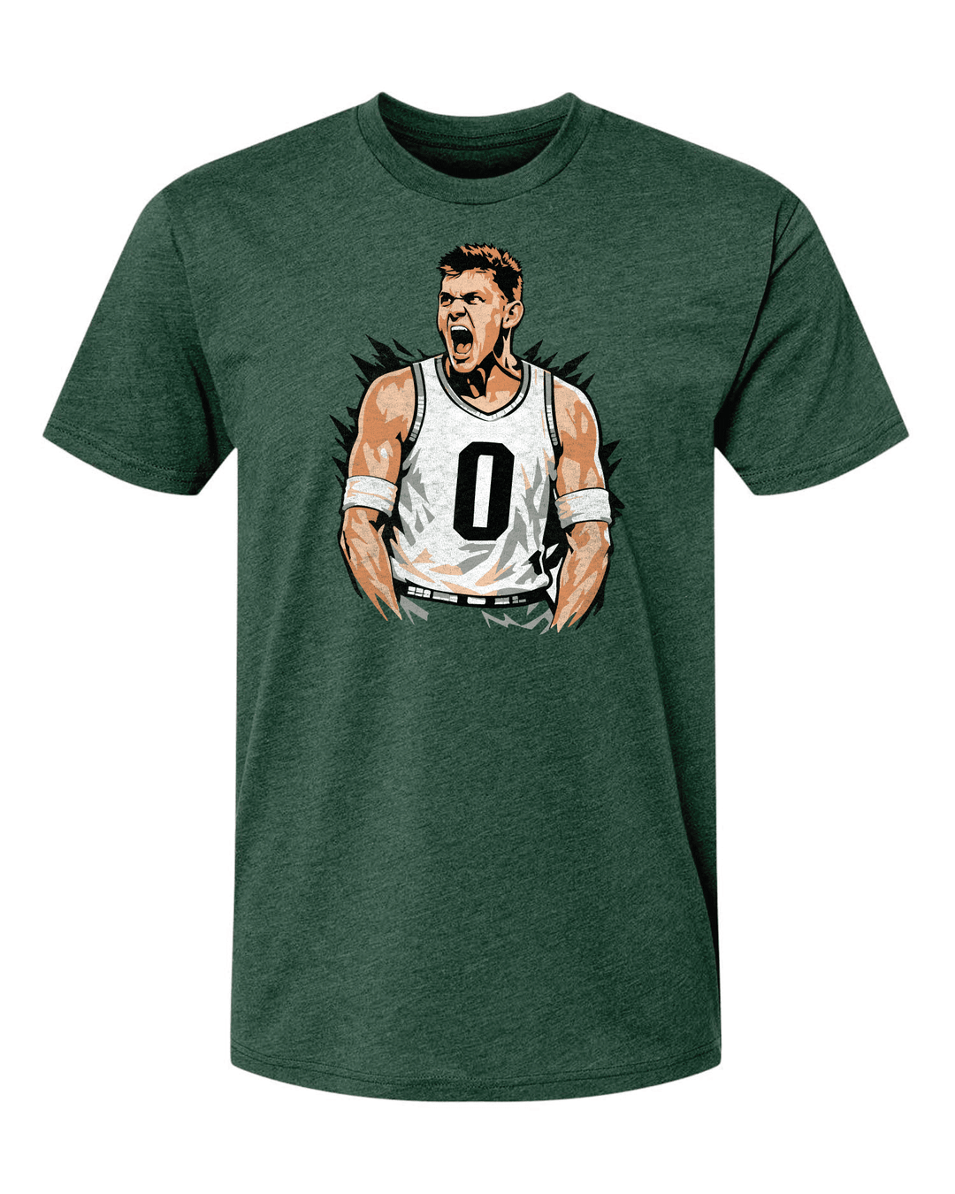 Green Michigan State shirt featuring basketball player, Jaxon Kohler mid roar.