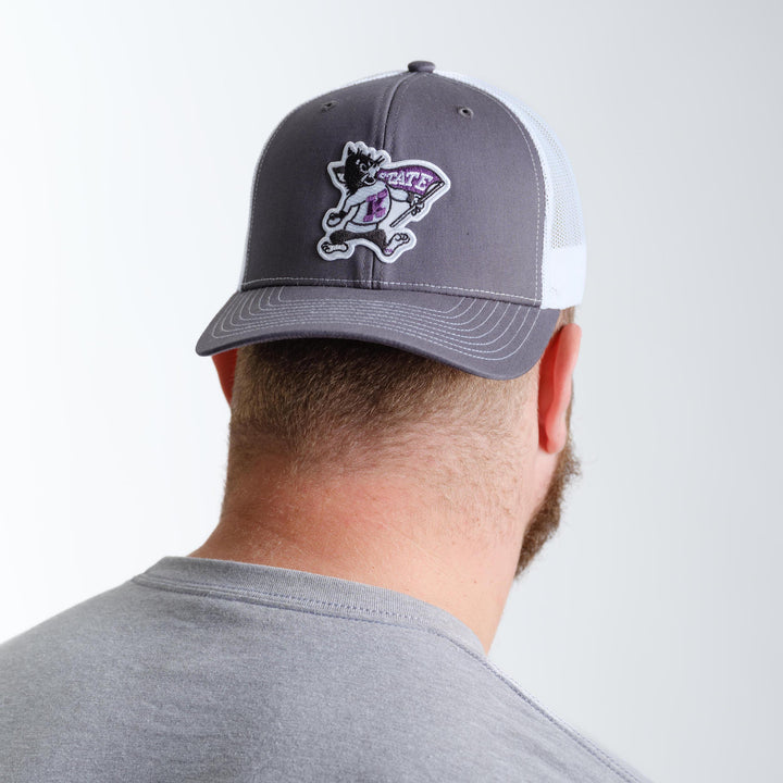 Backwards Kansas State hat on Male